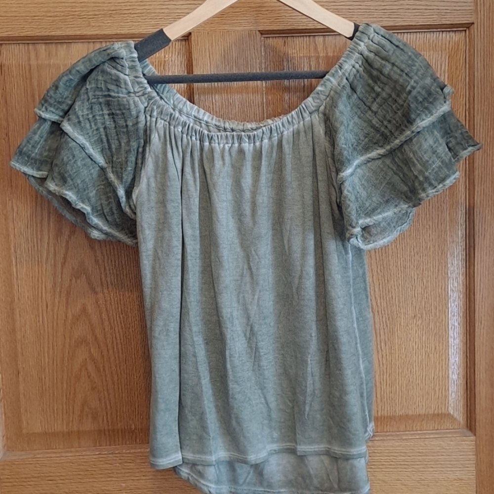 Redhaute Olive Green Flutter Sleeved Off The Shoulder Top - Picture 2 of 5